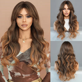 7JHH WIGS Loose Body Wavy Middle Part Brown Ombre Blonde Wigs with Curtain Bangs High Density Wave Hair Wigs for Women Daily Use