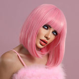 NAMM Short Straight Pink Wig for Woman Daily Party Cosplay Lolita Wig Natural Synthetic Bob Wig with Bangs Heat Resistant Fiber