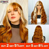 Brown Mix Gold Synthetic Hair Long Wavy Wigs Heat Resistant Fiber Natural Hairline Middle Part For Woman Daily Use