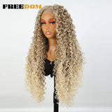 FREEDOM Curly Synthetic Lace Front Wigs For Women Ombre Brown Blonde Lace Wig BIO Hair 22 26 30 inch Curly Hair Cosplay Wigs