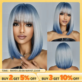 Medium Length Blue White Ombre Straight Synthetic Hair With Bangs Short Bob Cosplay Wig for Women Daily Party Heat Resistant