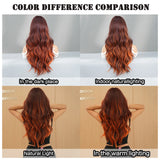 7JHH WIGS Long Loose Body Wave Copper Hair Wig Highlight Orange Curtain Bangs High Density Synthetic Layered Middle Part Wigs