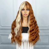 Brown Mix Gold Synthetic Hair Long Wavy Wigs Heat Resistant Fiber Natural Hairline Middle Part For Woman Daily Use