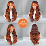 7JHH WIGS Long Loose Body Wave Copper Hair Wig Highlight Orange Curtain Bangs High Density Synthetic Layered Middle Part Wigs