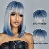 Medium Length Blue White Ombre Straight Synthetic Hair With Bangs Short Bob Cosplay Wig for Women Daily Party Heat Resistant