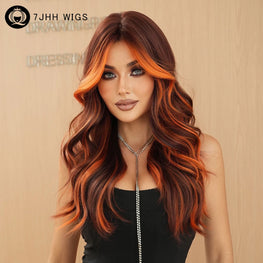 7JHH WIGS Long Loose Body Wave Copper Hair Wig Highlight Orange Curtain Bangs High Density Synthetic Layered Middle Part Wigs