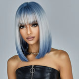 Medium Length Blue White Ombre Straight Synthetic Hair With Bangs Short Bob Cosplay Wig for Women Daily Party Heat Resistant