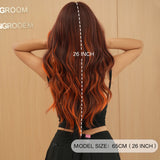 7JHH WIGS Long Loose Body Wave Copper Hair Wig Highlight Orange Curtain Bangs High Density Synthetic Layered Middle Part Wigs