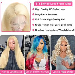 613 Blonde Straight 13x4 HD Transparent Lace Frontal Wig Brazilian Colored Preplucked Wig 180 Density Human Hair For Women