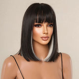 Black White Highlight Short Bob Wigs with Bangs Women Natural Synthetic Straight Hair Straight Bob Wig Heat Resistant Fiber