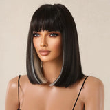 Black White Highlight Short Bob Wigs with Bangs Women Natural Synthetic Straight Hair Straight Bob Wig Heat Resistant Fiber