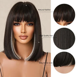 Black White Highlight Short Bob Wigs with Bangs Women Natural Synthetic Straight Hair Straight Bob Wig Heat Resistant Fiber