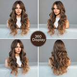 7JHH WIGS Loose Body Wavy Middle Part Brown Ombre Blonde Wigs with Curtain Bangs High Density Wave Hair Wigs for Women Daily Use