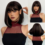 Black White Highlight Short Bob Wigs with Bangs Women Natural Synthetic Straight Hair Straight Bob Wig Heat Resistant Fiber