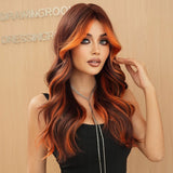 7JHH WIGS Long Loose Body Wave Copper Hair Wig Highlight Orange Curtain Bangs High Density Synthetic Layered Middle Part Wigs