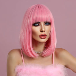 NAMM Short Straight Pink Wig for Woman Daily Party Cosplay Lolita Wig Natural Synthetic Bob Wig with Bangs Heat Resistant Fiber