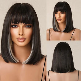 Black White Highlight Short Bob Wigs with Bangs Women Natural Synthetic Straight Hair Straight Bob Wig Heat Resistant Fiber